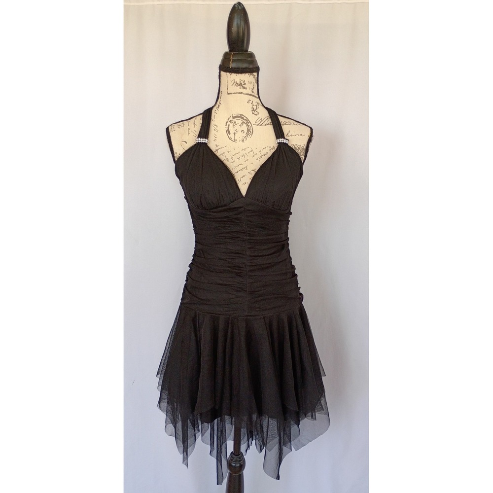 Vintage Black Ruched Mesh Tulle Halter Dress Rhinestone Sz 7/8 Whimsigoth Fairy